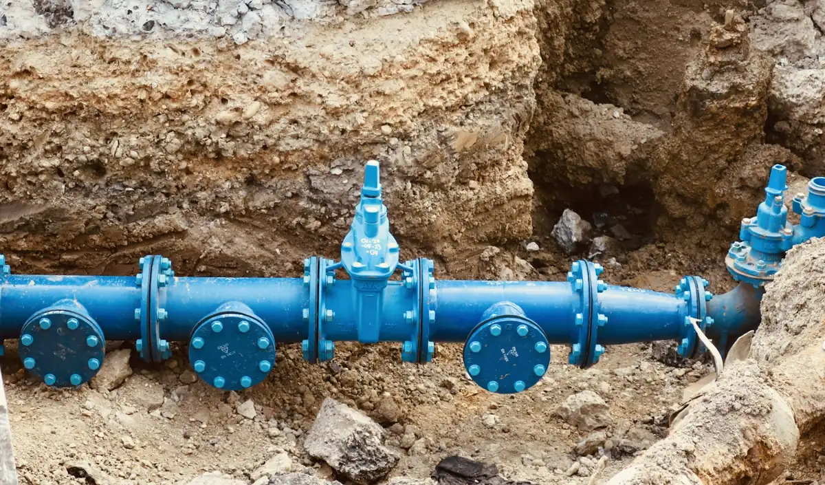 Exposed blue water main with valves and fittings in an excavation
